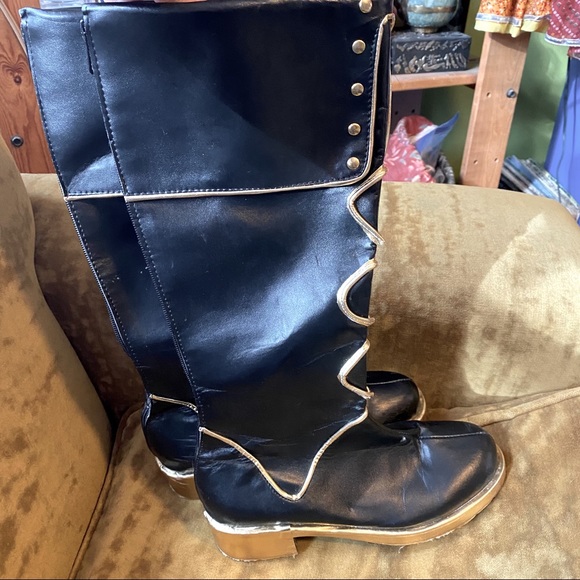 Vintage Y2K black and gold knee high flat boots - Picture 2 of 11